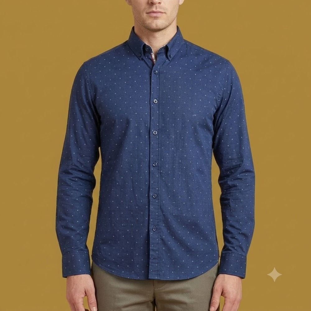 Guide London Button Up Shirt Mens L Blue Micro‎ Dot Stretch Long Sleeve